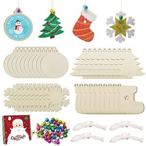 40pcs christmas crafts unfinished wooden christmas ornaments kit, diy ornaments crafts with 40pcs colorful bells and 40pcs wax rope for holiday decoration and diy craft making