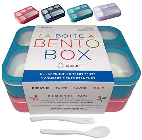 6 compartment lunch boxes. bento box lunchbox snack containers for kids, boys girls adults. school daycare meal planning portion control container. leakproof bpa free set of 2 blue & pink kits