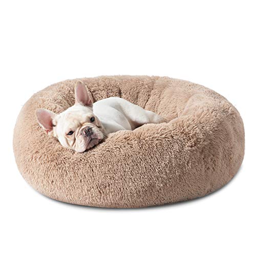 bedsure calming dog bed for small dogs donut washable small pet bed, 23 inches anti anxiety round fluffy plush faux fur cat bed, fits up to 25 lbs pets, camel