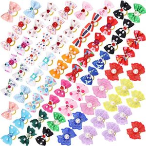 comsmart 60pcs dog bows, 30 pairs yorkie dog puppy hair bows with rubber bands & rhinestone pearls & handmade lace fabric, cute pet small dog hair bowknot grooming accessories