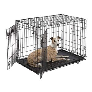 dog crate 1536ddu midwest icrate 36 inches double door folding metal dog crate w/ divider panel, floor protecting feet & leak proof dog tray intermediate dog breed, black