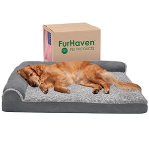 furhaven orthopedic pet bed for dogs and cats l chaise sofa two tone plush fur and suede couch dog bed with removable washable cover, stone gray, jumbo (x large)