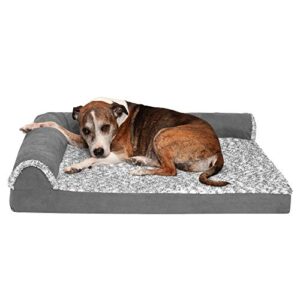 furhaven orthopedic pet bed for dogs and cats l chaise sofa two tone plush fur and suede couch dog bed with removable washable cover, stone gray, large