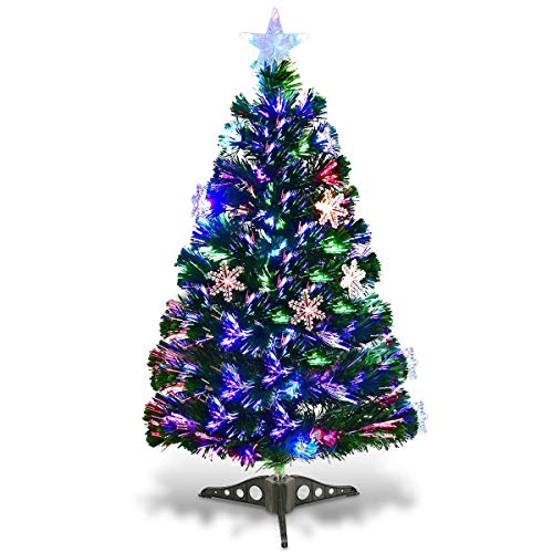 goplus 3ft pre lit fiber optic artificial christmas tree, with multicolor led lights and snowflakes (3 ft)