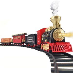hot bee train set electric train toy for boys girls w/ smokes, lights & sound, railway kits w/ steam locomotive engine, cargo cars & tracks, christmas gifts for 3 4 5 6 7 8+ year old kids