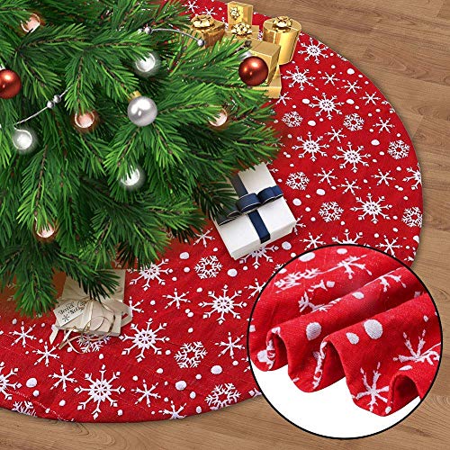 maggift 48 inch red christmas tree skirt with snowflakes, traditional christmas tree mat double layers for xmas party decoration