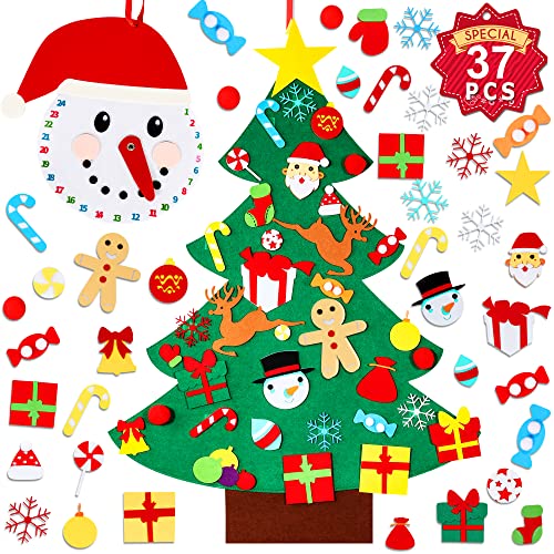 max fun diy felt christmas tree crafts set 3.2ft plus snowman advent calendar 36 ornaments home wall hanging children's felt craft kits xmas decoration party supplies gifts for kids toddlers
