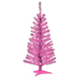 national tree company pre lit artificial christmas tree, pink tinsel, white lights, includes stand, 4 feet