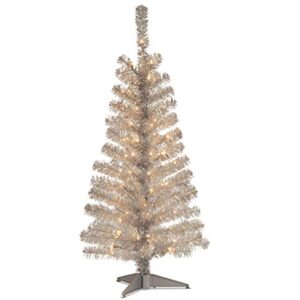 national tree company pre lit artificial christmas tree, silver tinsel, white lights, includes stand, 4 feet
