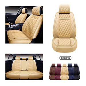 oasis auto os 009 leather car seat covers, faux leatherette automotive vehicle cushion cover for 5 passenger cars & suv universal fit set for auto interior accessories (front&rear, tan)
