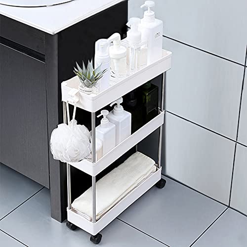slim storage cart, 3 tier mobile shelving unit organizer, slide out rolling utility cart shelf rack for kitchen bathroom laundry room narrow places, plastic & stainless steel, white