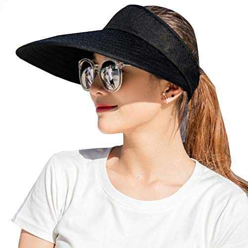 sun visor hats women large brim summer uv protection beach cap black
