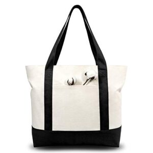topdesign 30 pack stylish canvas tote bag with an external pocket, top zipper closure, daily essentials (black/natural)