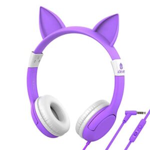 [upgrade] iclever boostcare kids headphones, cat ear hello kitty headphones for kids on ear for boys girls, adjustable 85/94db volume control, childrens headphones with mic for school/tablet, purple