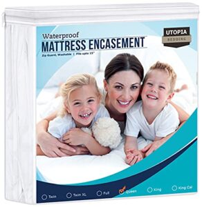utopia bedding zippered mattress encasement queen, 100% waterproof mattress protector, absorbent, six sided mattress cover