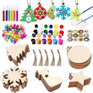 vlusso 50pcs unfinished wooden christmas ornaments 5 styles christmas tree ornaments decorations diy arts and crafts christmas crafts for kids with 50 colorful bells 6 color pens 2 color paint set
