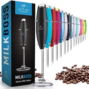 zulay original milk frother handheld foam maker for lattes whisk drink mixer for coffee, mini foamer for cappuccino, frappe, matcha, hot chocolate by milk boss (black)