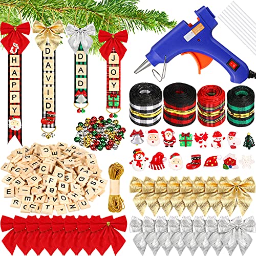 299 pieces christmas ornaments tree decorations crafts for kids adults kit wooden letter tiles xmas resin charms jingle bell diy hot glue gun with glue sticks for stockings present toppers (popular)