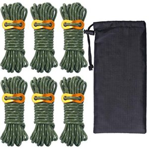 6 pack 4mm outdoor guy lines tent cords lightweight camping rope with aluminum guylines adjuster tensioner pouch for tent tarp, canopy shelter, camping, hiking, backpacking (army green)