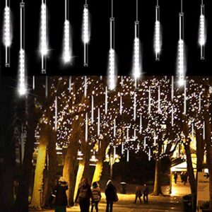 aluan christmas lights meteor shower rain lights 10 tube 240 led 12 inch waterproof plug in falling rain fairy string lights for halloween christmas holiday party home patio outdoor decoration, white