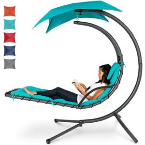 best choice products outdoor hanging curved steel chaise lounge chair swing w/built in pillow and removable canopy, teal