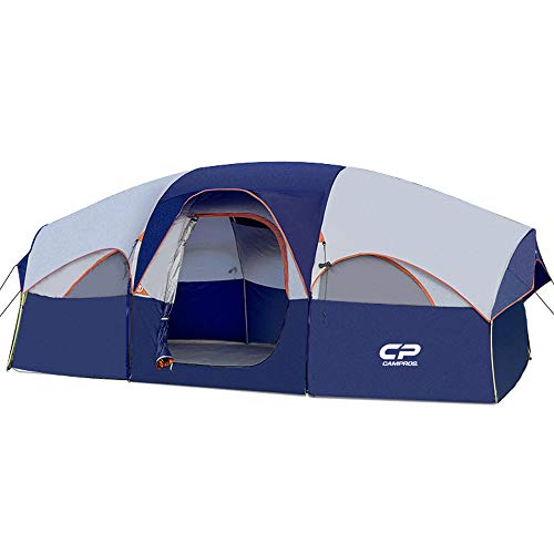 campros tent 8 person camping tents, waterproof windproof family tent, 5 large mesh windows, double layer, divided curtain for separated room, portable with carry bag, for all seasons updated blue