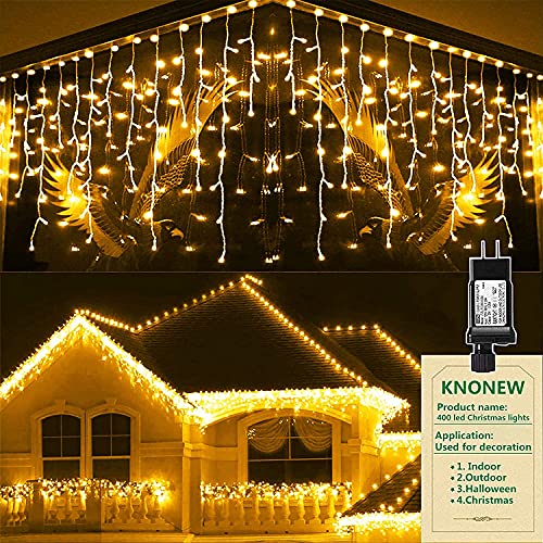 christmas lights outdoor decorations 400 led 33ft 8 modes curtain fairy string light with 75 drops, clear wire led string light indoor decor for wedding party holiday christmas decorations warm white