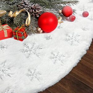christmas tree skirt, voyoly 48 inch silver snowflake white christmas tree decorations indoor sequin tree collar faux fur plush rug xmas large mat decor ornaments (silver snow)