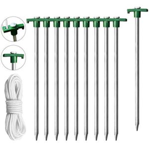 eurmax galvanized non rust camping family tent pop up tent stakes ice tools heavy duty 10pc pack, with 4x10ft ropes & 1 green stopper