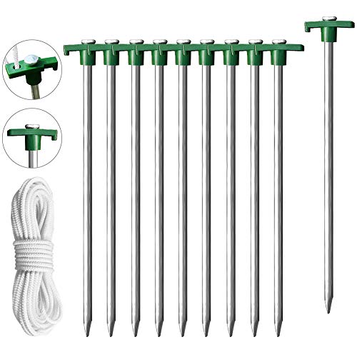 eurmax galvanized non rust camping family tent pop up tent stakes ice tools heavy duty 10pc pack, with 4x10ft ropes & 1 green stopper