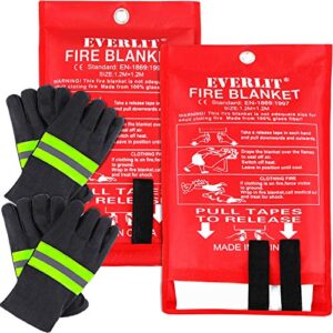 everlit [2 pack] fire blanket size xl 47''x47'' fire suppression emergency blanket w/heat resistant gloves w/reflective strap for kitchen, camping, grilling