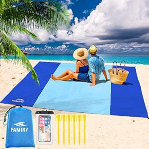 famiry sand free beach blanket, extra large 10 x 9 feet size, durable & compact beach outdoor mat, includes 6 stakes, 4 sand pockets & zippered pocket blue