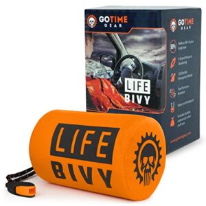 go time gear life bivy emergency sleeping bag thermal bivvy use as emergency bivy sack, survival sleeping bag, mylar emergency blanket includes stuff sack with survival whistle + paracord string…