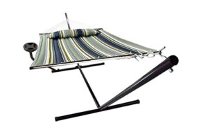 hammock with stand with cupholder & detachable pillow, 2 person hammock, heavy duty 450 pound capacity, indoor & outdoor hammock: patio, pool, backyard (dark green / dark blue)