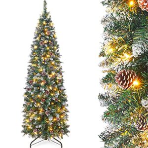 homde pencil christmas tree 6 foot pre lit artificial christmas tree with flocked snow pine cone 170 warm white lights holiday decor