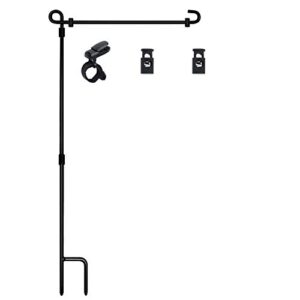 hoosun garden flag stand, premium garden flag pole holder metal powder coated weather proof paint with one tiger clip and two spring stoppers without flag