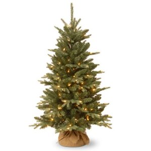 national tree company pre lit artificial mini christmas tree | includes small lights and cloth bag base | for tabletop or desk | burlap 4 ft, 4', green