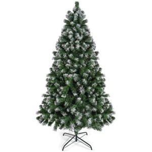 prextex 6ft premium artificial spruce hinged fake christmas tree with 1200 snow white tips for frosted christmas tree, lightweight and easy to assemble with christmas tree metal stand