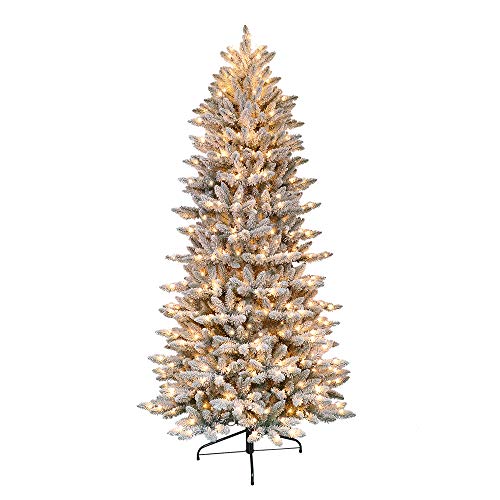 puleo international 7.5 foot pre lit slim flocked fraser fir artificial christmas tree with 500 ul listed clear lights