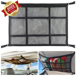 qincos upgraded car ceiling cargo net pocket, 31.5"x21.6" strengthen load bearing double layer mesh car roof storage organizer, adjustable camping suv storage bag for tent putting quilt toys sundries