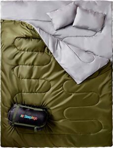 sleepingo double sleeping bag for backpacking, camping, or hiking queen size xl for 2 people, cold weather, waterproof sleeping bag for adults or teens, truck, tent, or sleeping pad, lightweight