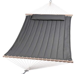 suncreat double hammock for 2 person, extra large outdoor portable hammock with hardwood spreader bar, soft pillow, 450 lbs capacity, grey