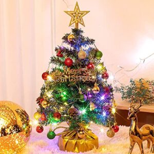 xmasexp 20" tabletop mini christmas tree set with 2 led lights, star treetop,ornaments balls,bells and pine cones,best diy christmas decorations gold