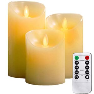 yiwer flameless candles, 4" 5" 6" set of 3 real wax not plastic pillars, include realistic dancing led flames and 10 key remote control with 2/4/6/8 hours timer function, 300+ hours (3, ivory)