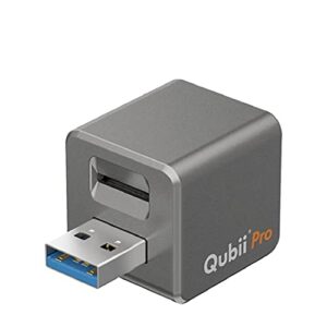 [apple mfi certified] qubii pro photo storage device for iphone & ipad, auto backup photos & videos [microsd card not included] space gray