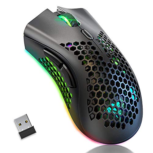 bengoo km 1 wireless gaming mouse, computer mouse with honeycomb shell, 6 programmed buttons, 3 adjustable dpi, silent click, usb receiver, ergonomic rgb optical gamer mice mouse for laptop pc mac