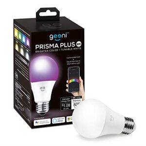 geeni prisma plus 800 wi fi led smart light bulb, brighter color & tunable white (2700 6500k), 1 pack, a19 60w, no hub required, light bulb works with amazon alexa, google assistant, microsoft cortana