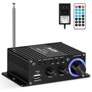 moukey mini amplifier home audio bluetooth 5.0 for speakers 50w 2 channel power audio receiver fm usb, aux, with remote control, power supply for car home use, tablets, phones, computers mamp2