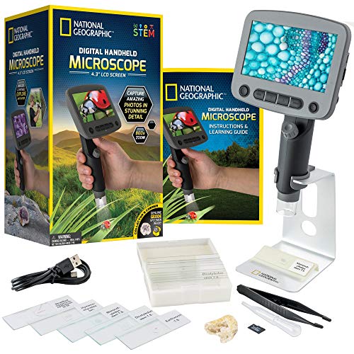 national geographic digital microscope for kids – 40 piece handheld microscope, lightweight, portable, capture 1080p photos & video on micro sd card, tilting 4.3 inch lcd screen, 800x magnification