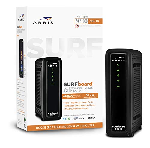 arris surfboard sbg10 docsis 3.0 cable modem & ac1600 dual band wi fi router, approved for cox, spectrum, xfinity & others (black)